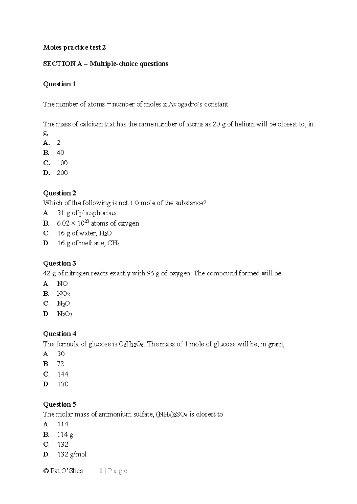 Mole Practice Test 2 - Key Questions and Concepts Review - Studocu