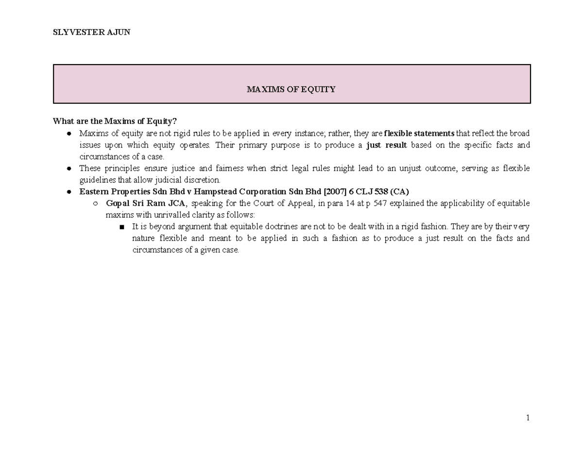Maxims of Equity and Trust: Key Cases and Principles Analysis - Studocu