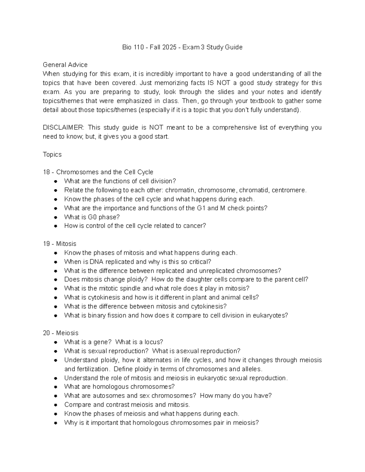 Bio 110 - Fall 2025 - Exam 3 Study Guide - Studocu