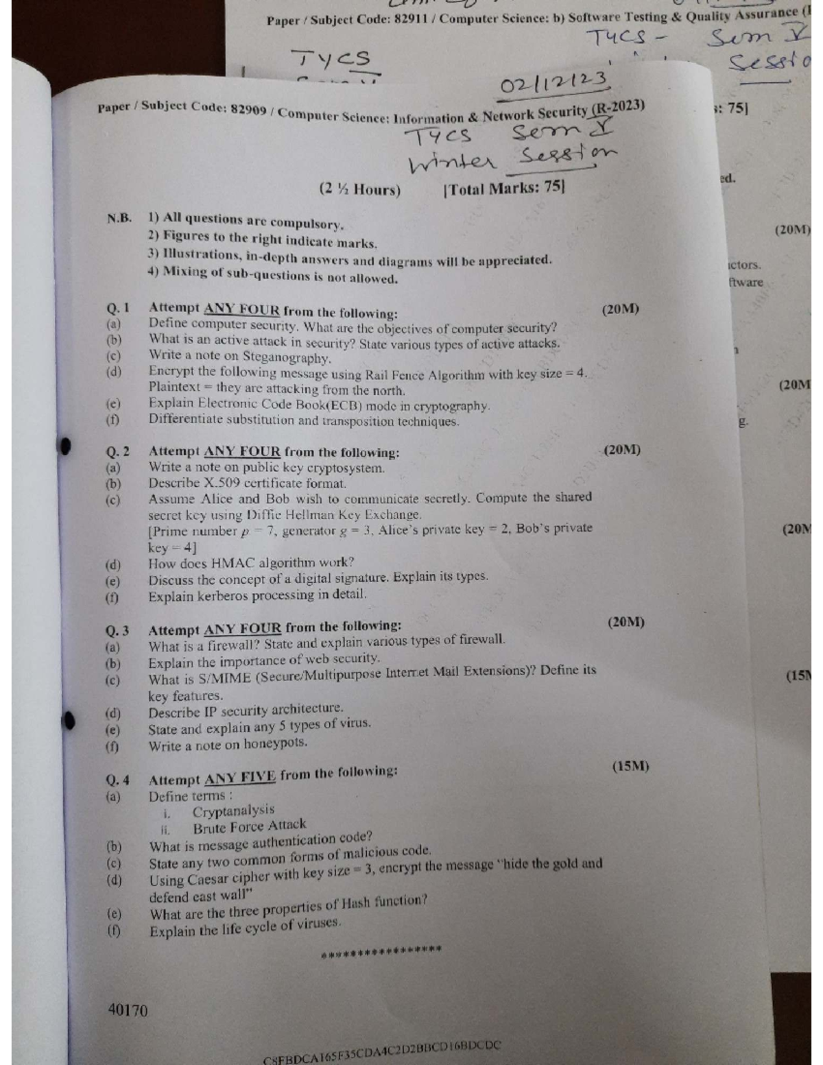 TYCS 82909 Computer Science: Info Network Security Exam Paper - Studocu