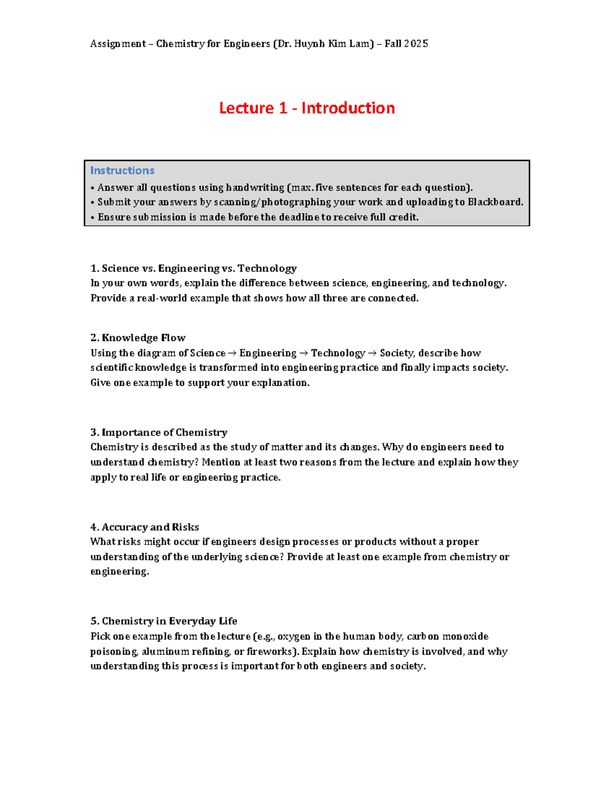 CHEM 101: Assignment - Lecture 1 Introduction (Fall 2025) - Studocu