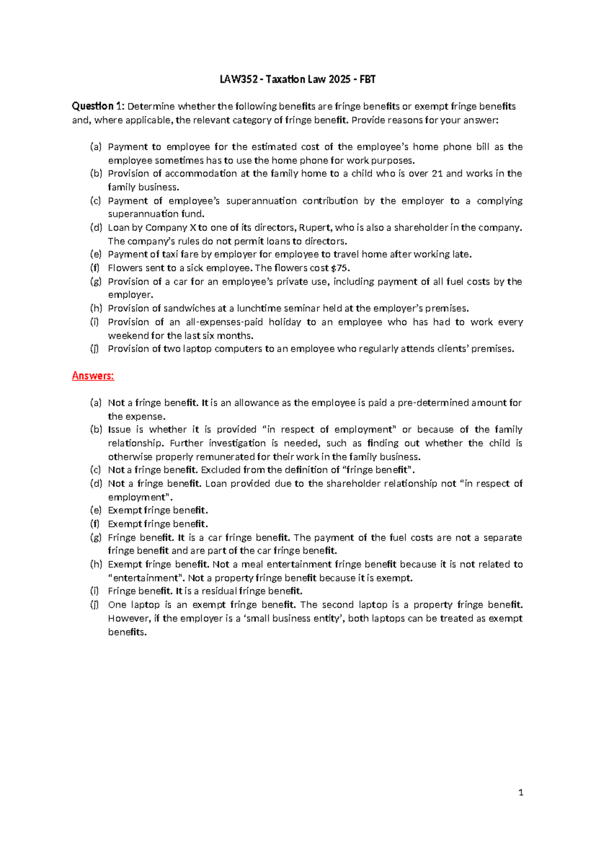 Law352 tutorial on fringe benefits tax (FBT) analysis and advice - Studocu