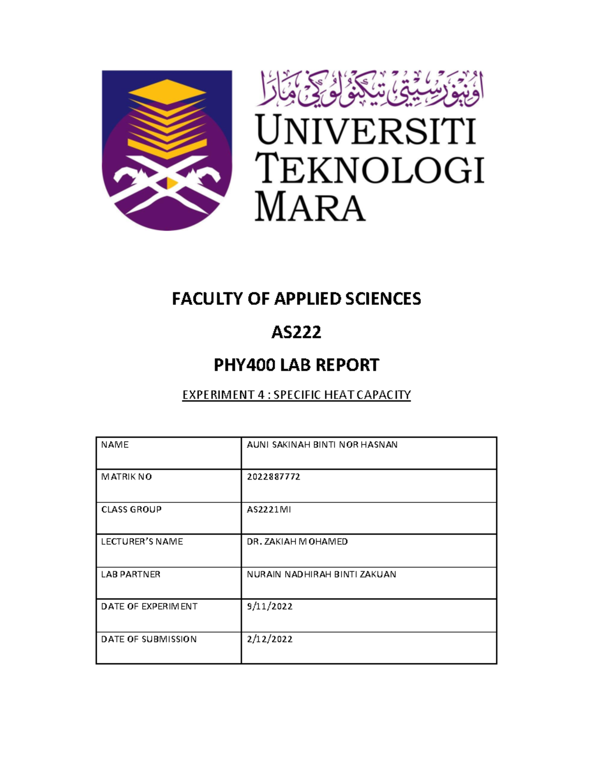 Lab Report 4: Specific Heat Capacity Experiment - PHY400 - Studocu