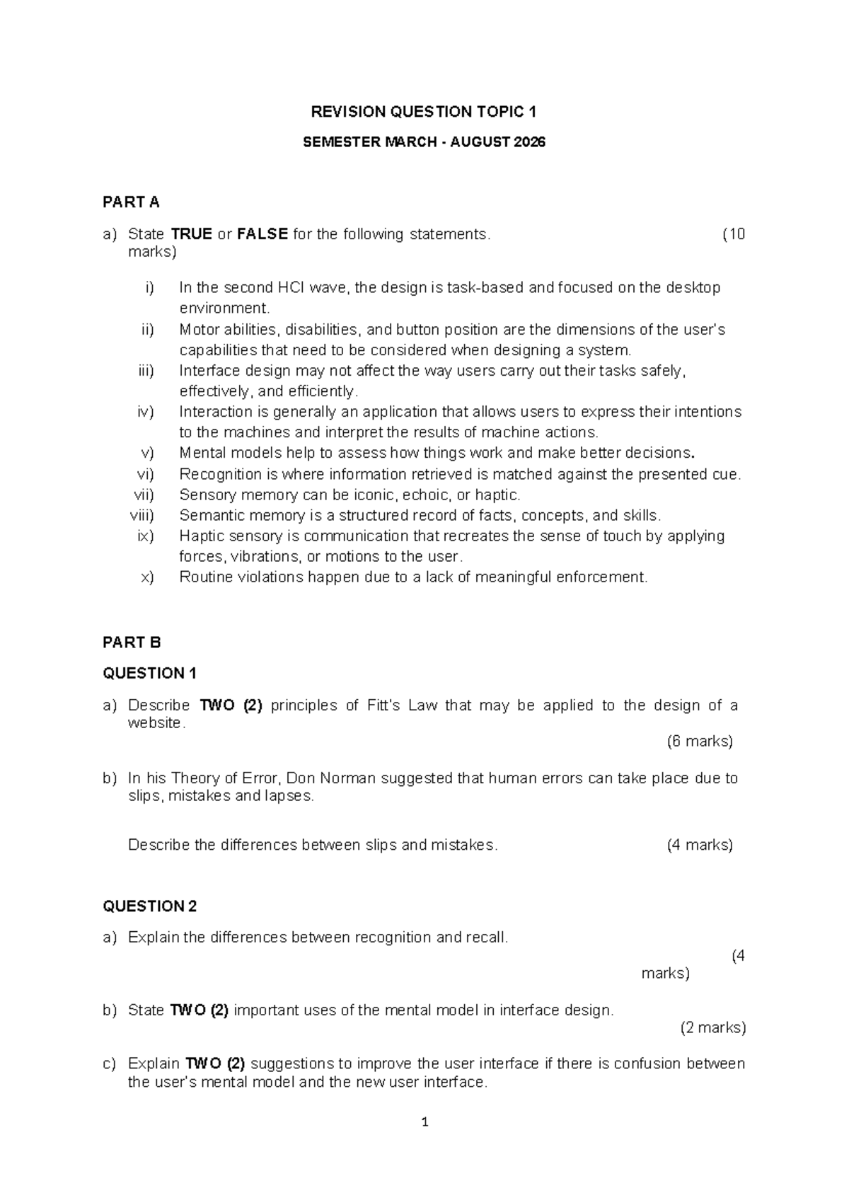 Revision Questions for HCI - Topic 1 - Semester March/August 2026 - Studocu
