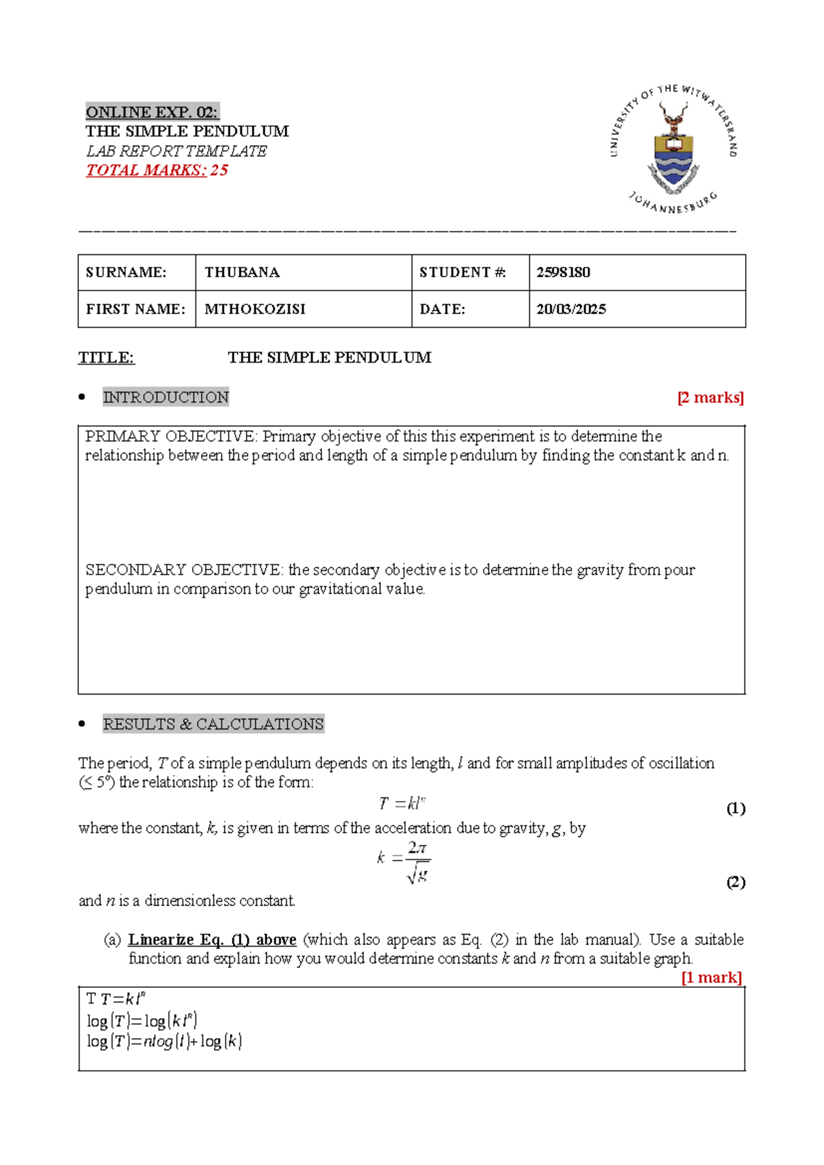2598180 ONLINE EXP. 02: SIMPLE PENDULUM LAB REPORT TEMPLATE - Studocu
