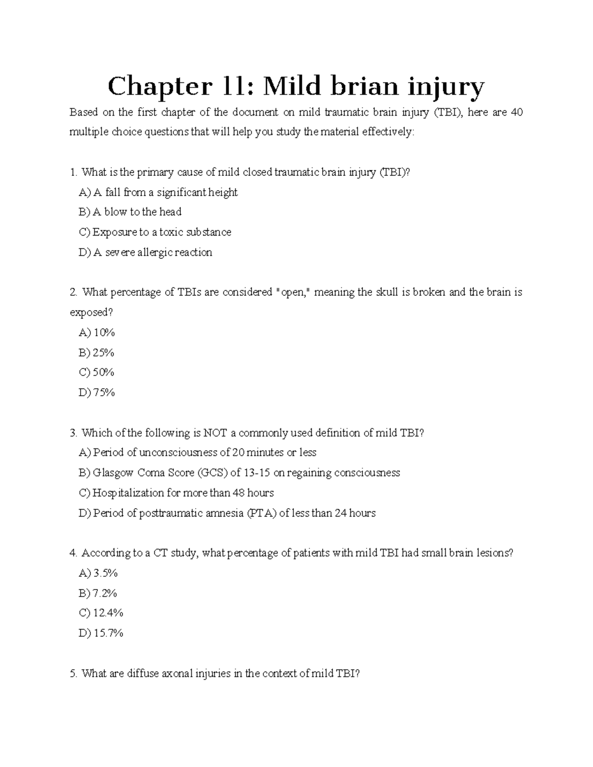 Chapter 11: Mild Traumatic Brain Injury Study Questions - Studeersnel