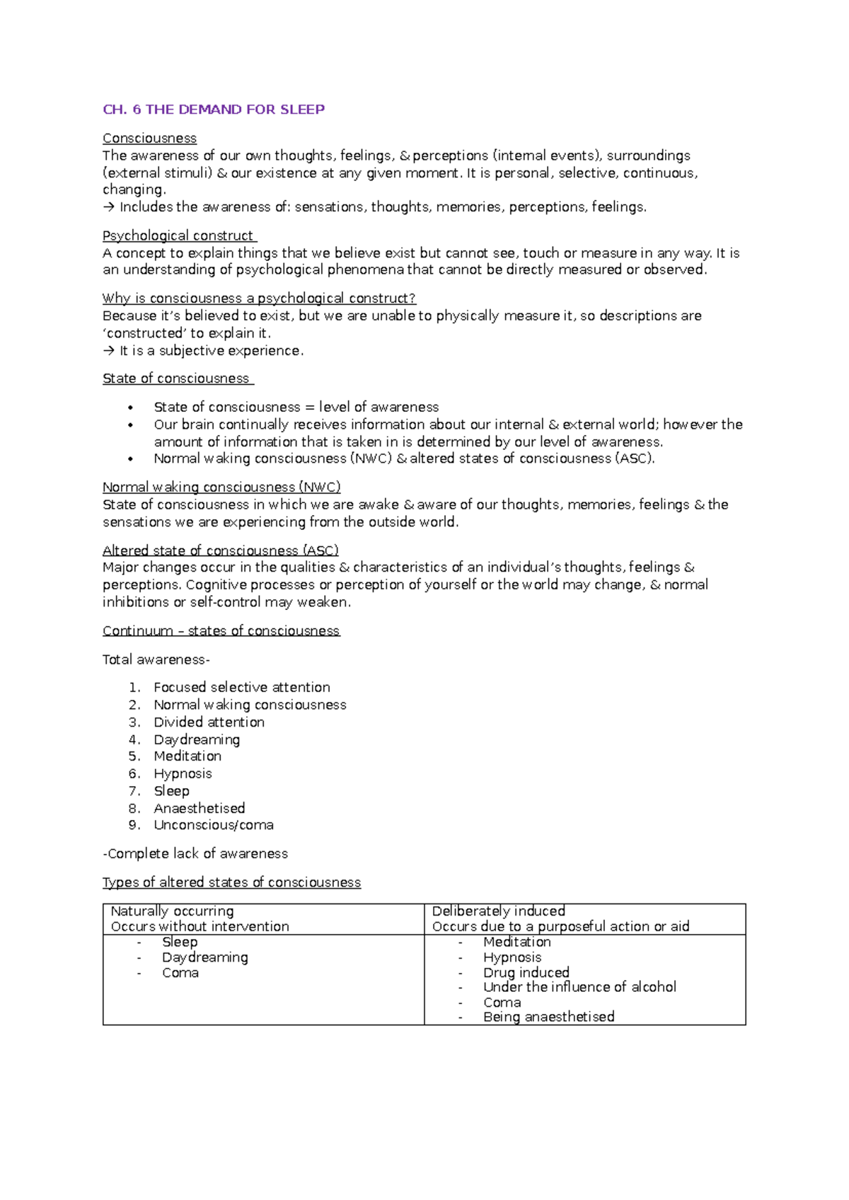 Unit 4 AOS 1: Chapter 6 & 7 Notes on Sleep and Consciousness - Studocu