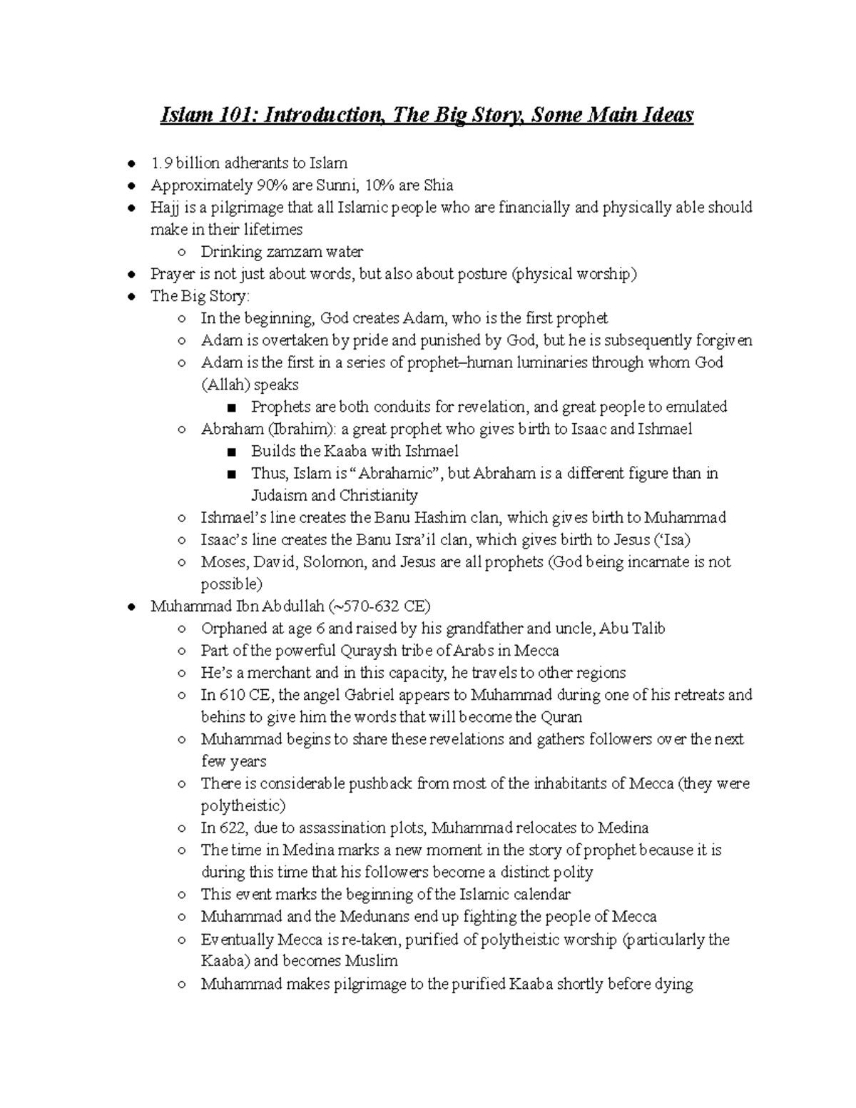 October 4, 2022 - Lecture notes on Intro to Islam, Professor Fraser ...