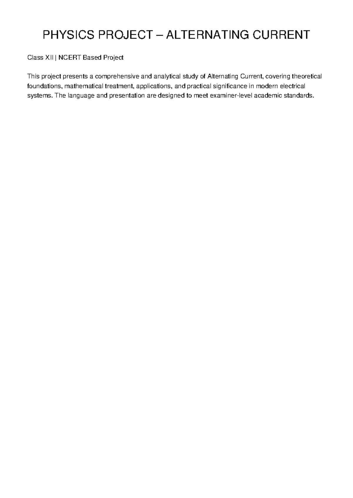 PHYSICS PROJECT: ALTERNATING CURRENT Class XII NCERT Analysis - Studocu