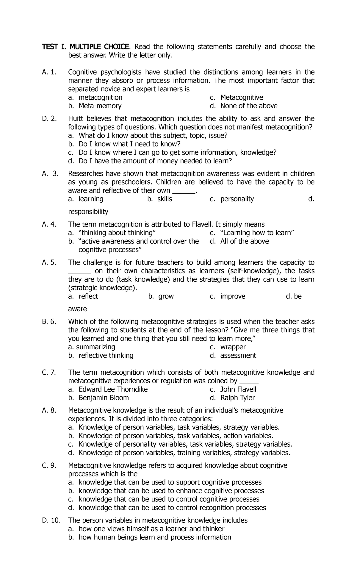 Facilitating Learner-Centered Teaching Exam - Document Preview