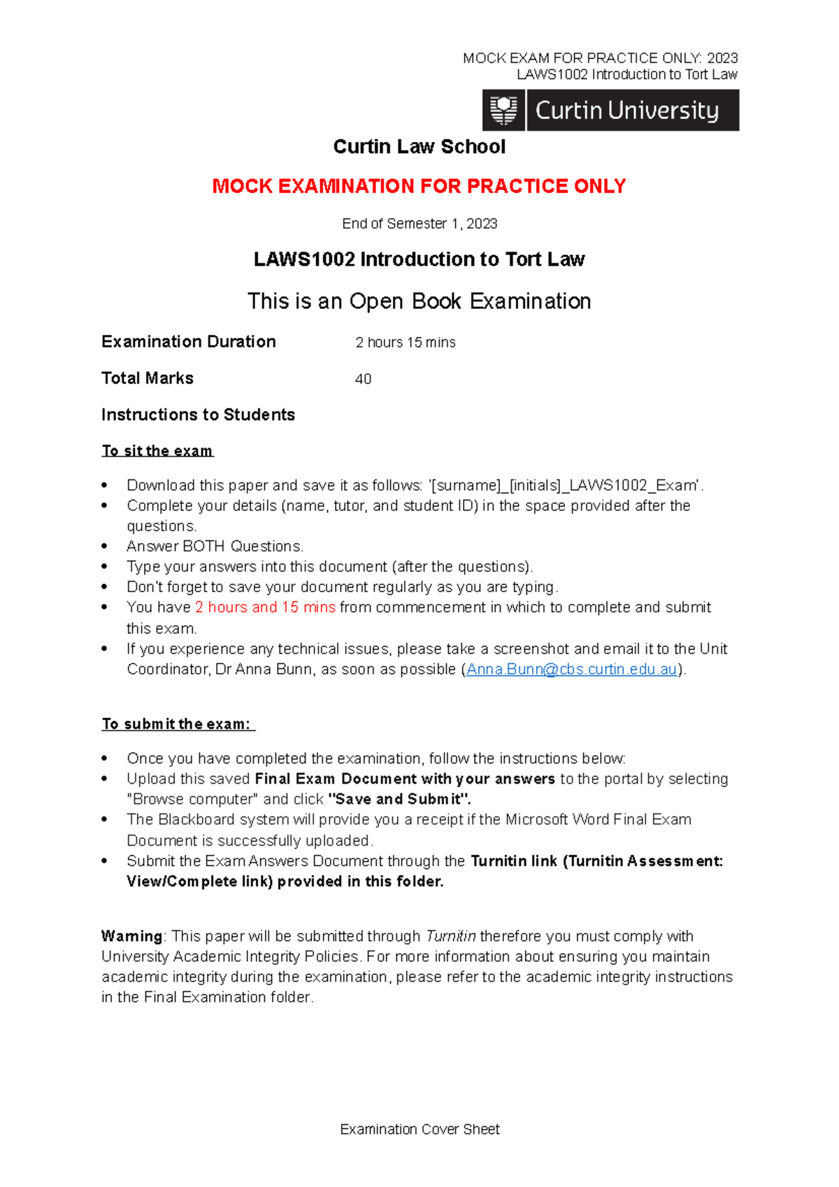 LAWS1002 Final Mock Exam: Introduction to Tort Law Practice 2023 - Studocu