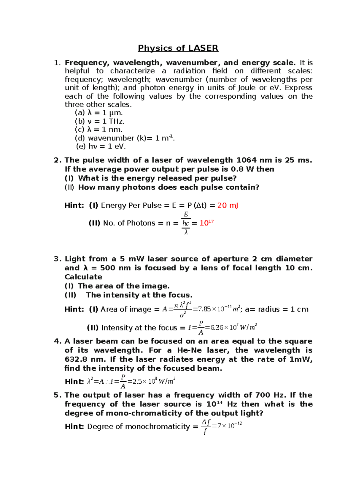 Laser Numericals (XYZ) - Detailed Solutions and Concepts - Studocu