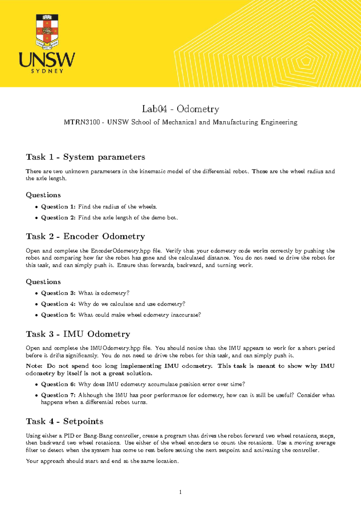 Lab04 Tasks: Odometry & IMU Analysis MTRN3100 - Studocu