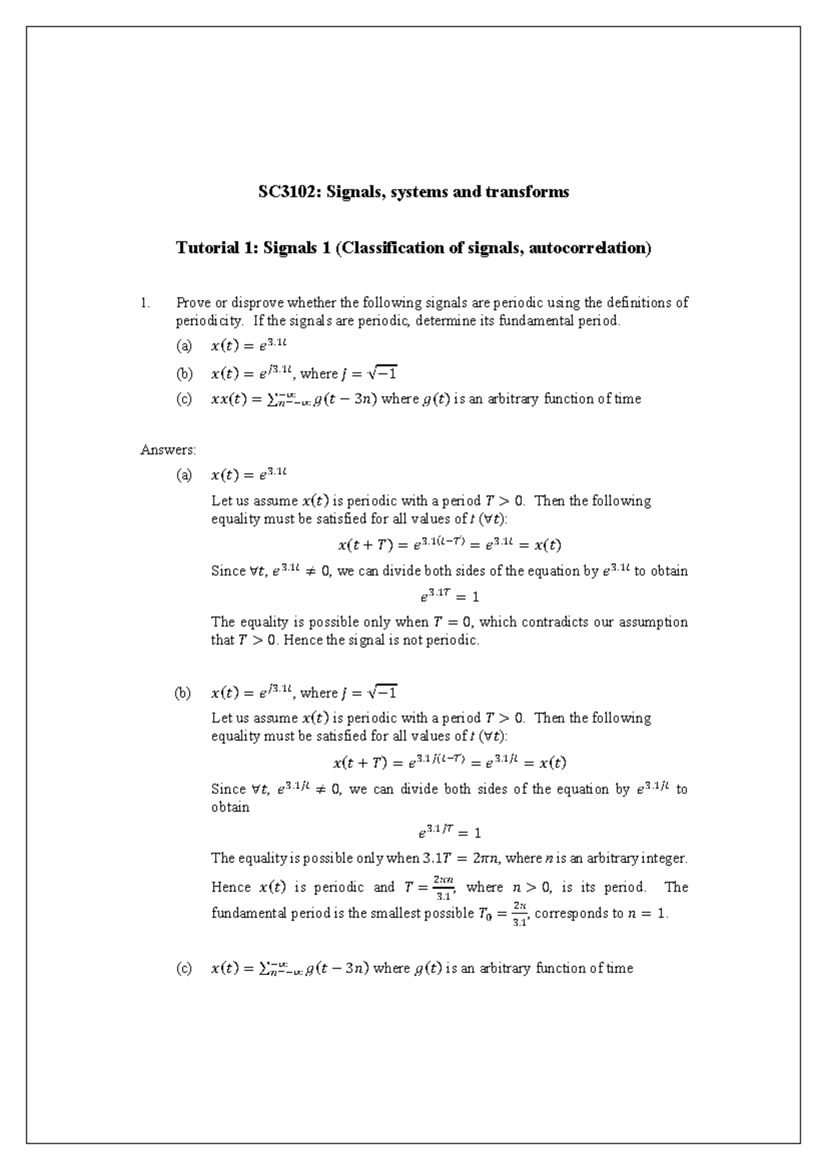 Tutorial 1 Answer - SC3102: Signals, systems and transforms Tutorial 1 ...