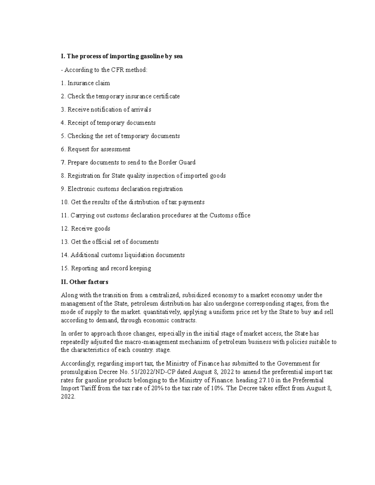 Ktnvnt Report (THƯ) 2 - good - I. The process of importing gasoline by ...