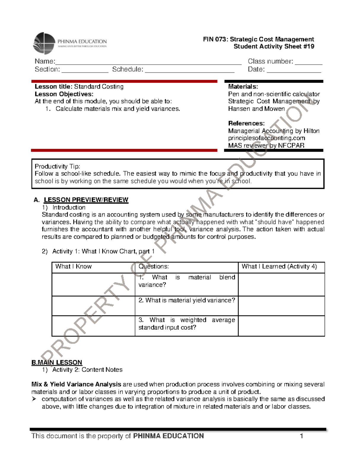 FIN 073: Strategic Cost Management - Standard Costing Lesson Notes ...