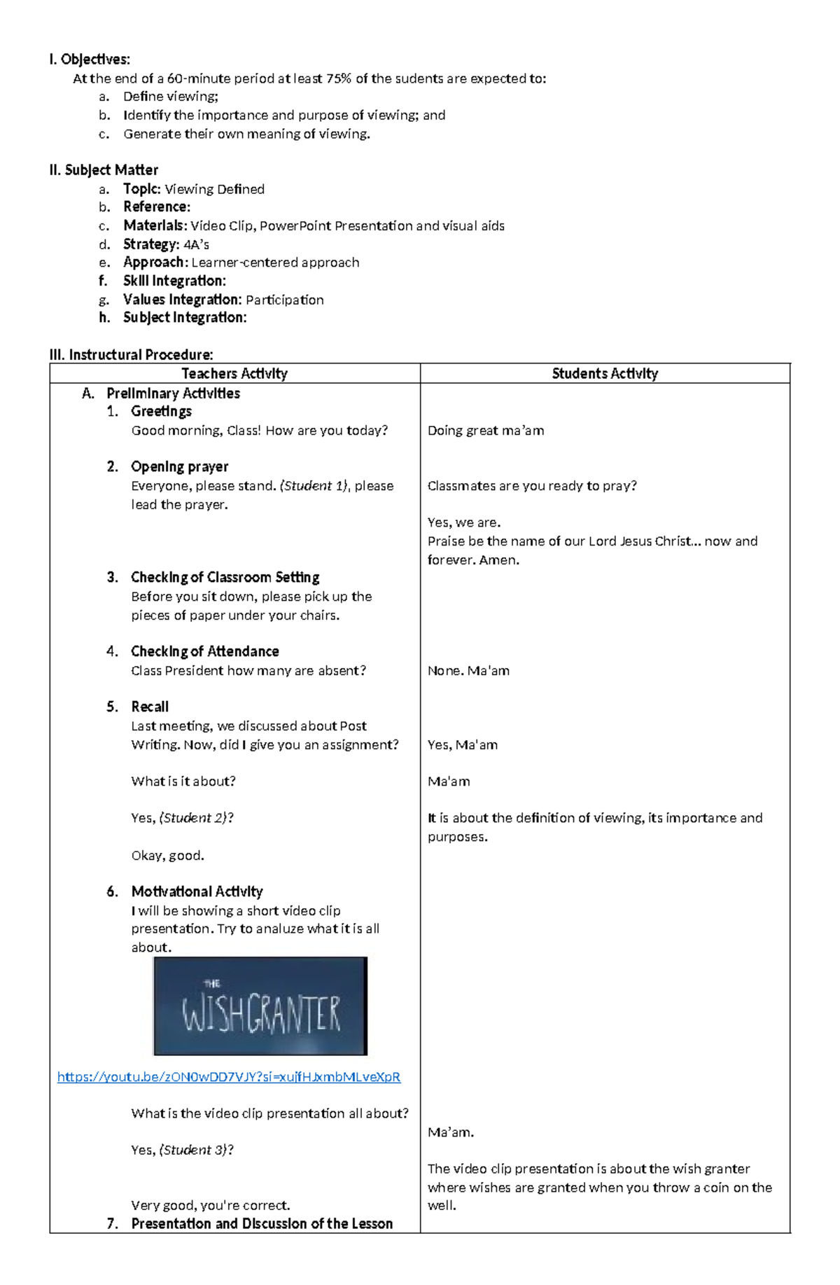Viewing-DLP - Lessom planning - I. Objectives: At the end of a 60 ...