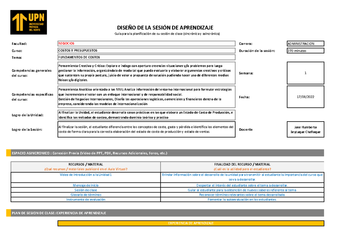 Plan de Clase: Semana 1 - Costos y Presupuestos (ADMINISTRACION) - Studocu