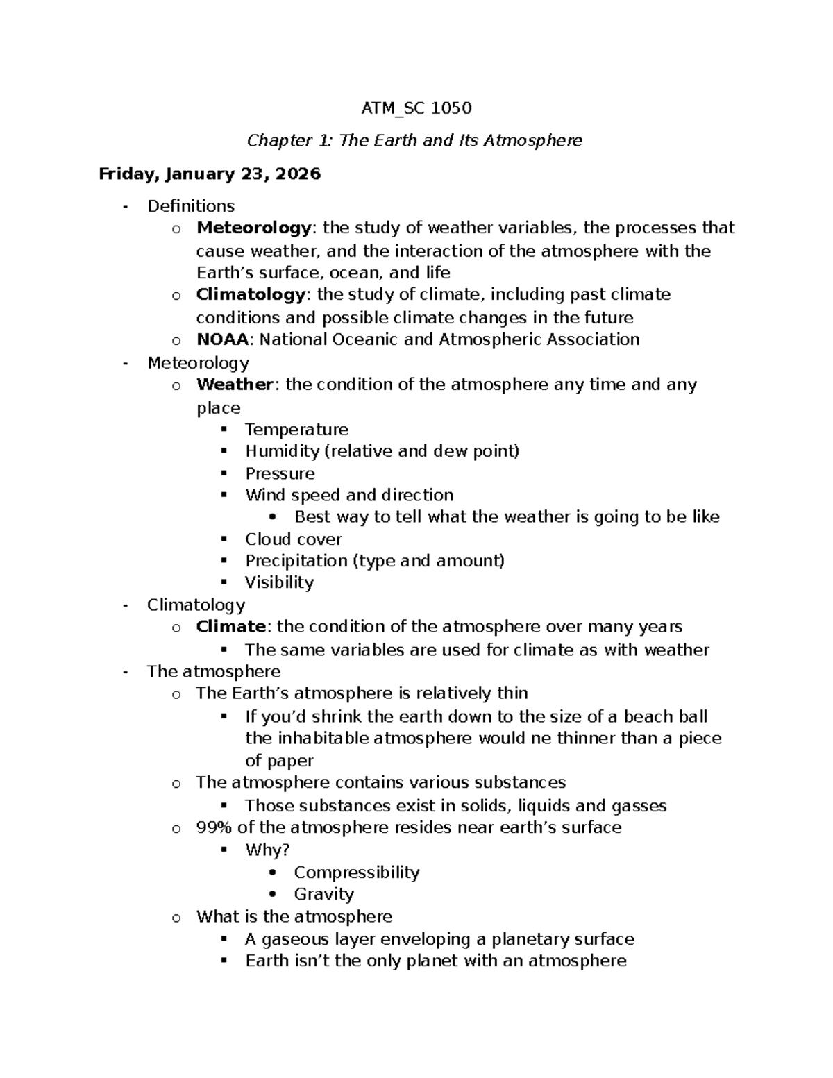 ATM_SC 1050 Chapter 1 & 2: Earth, Atmosphere, and Energy Concepts - Studocu