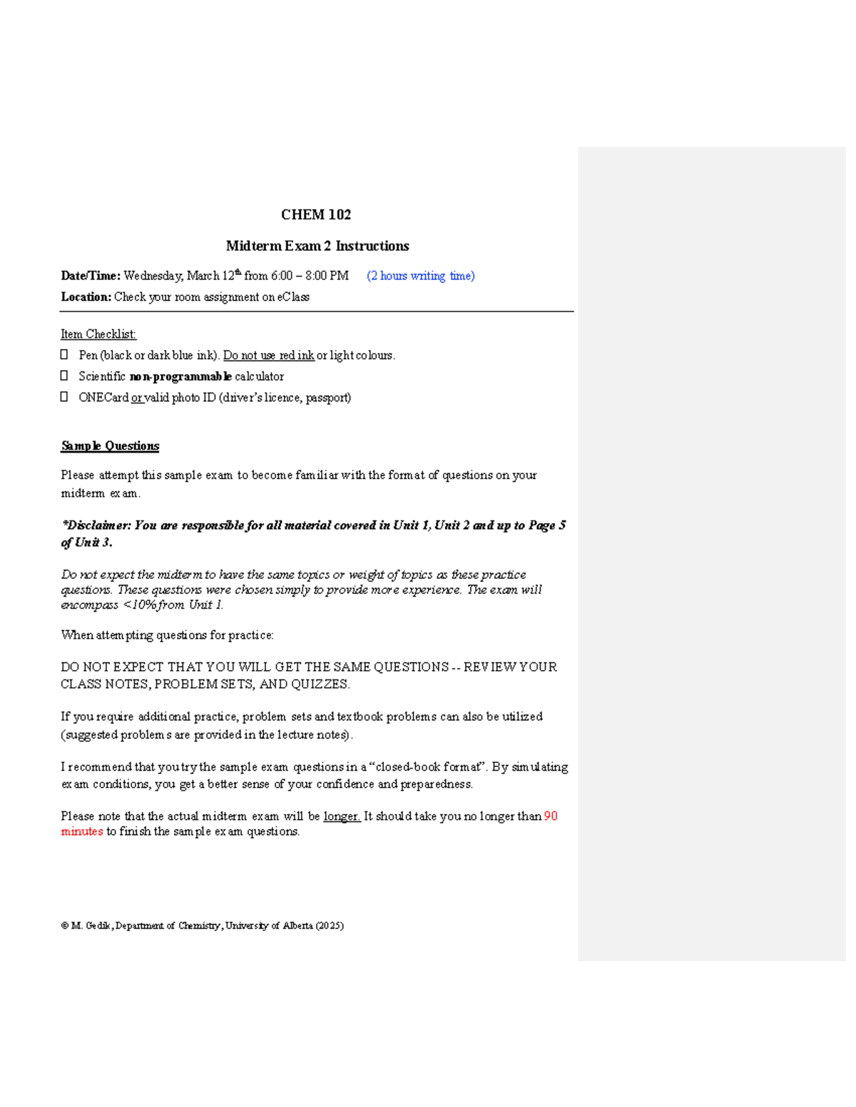01 CHEM 102 Sample Midterm 2 Questions - CHEM 102 Midterm Exam 2 ...