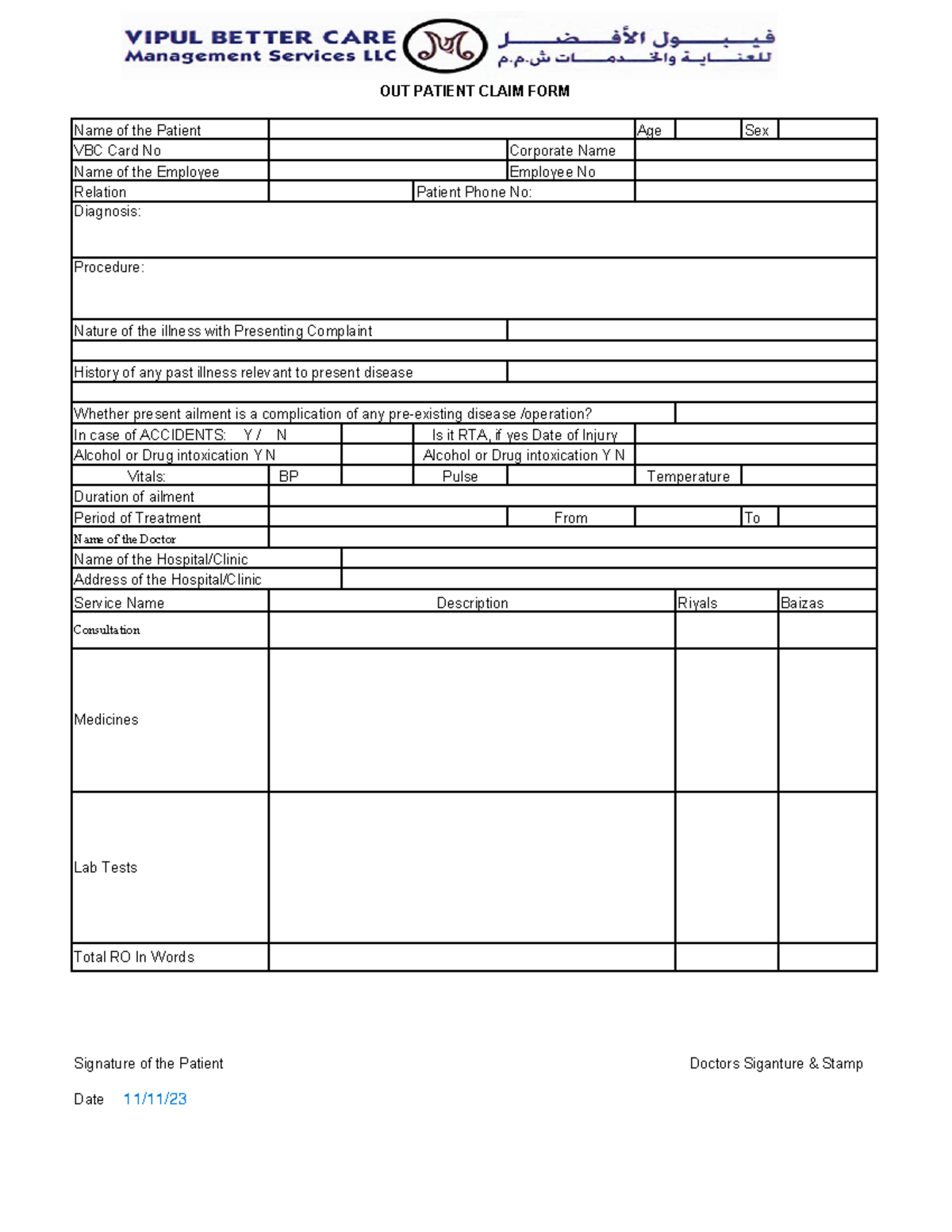 VBC Outpatient Claim Form Template for Patient Details - Studocu