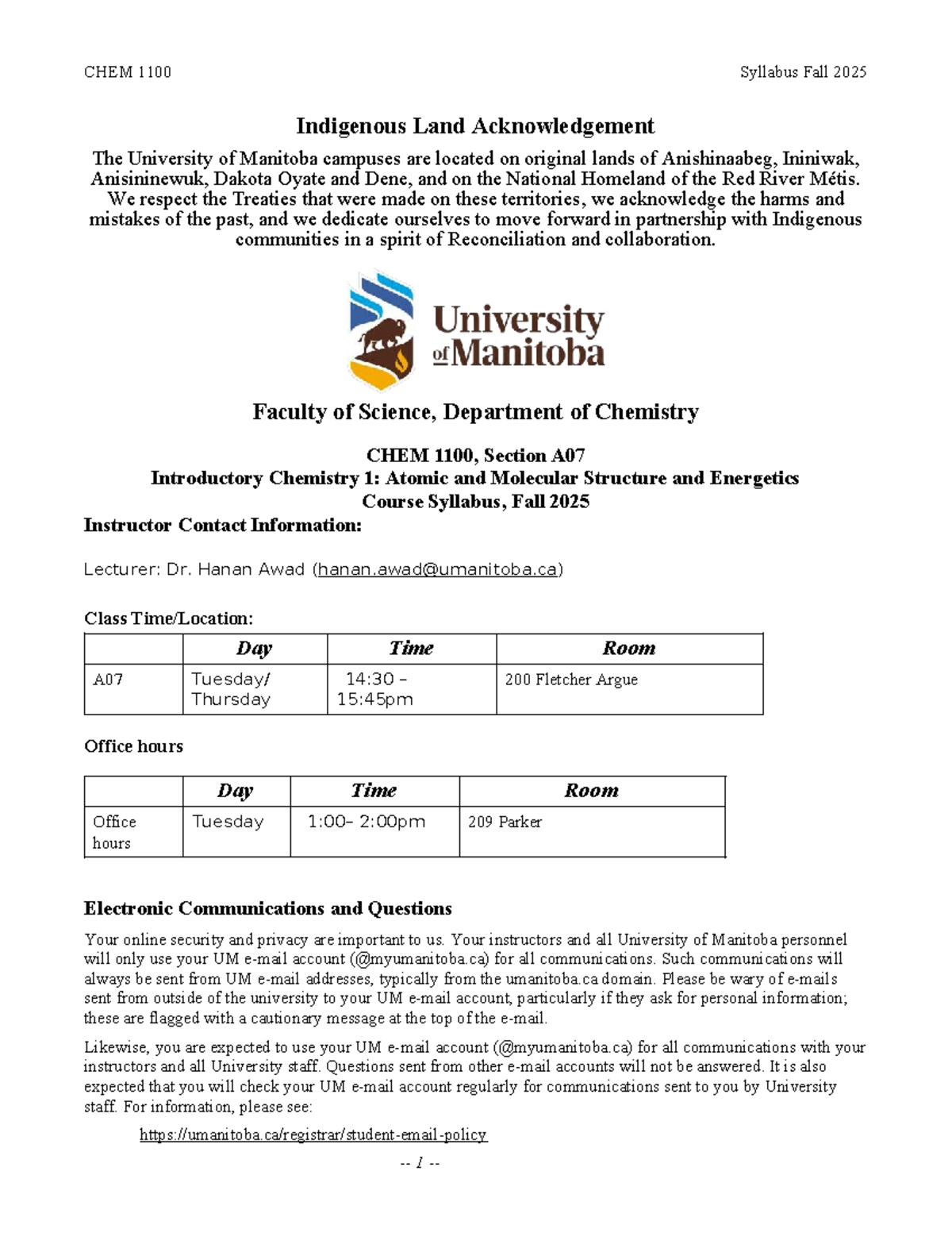 CHEM 1100 Syllabus Fall 2025 - Introductory Chemistry A07 - Studocu