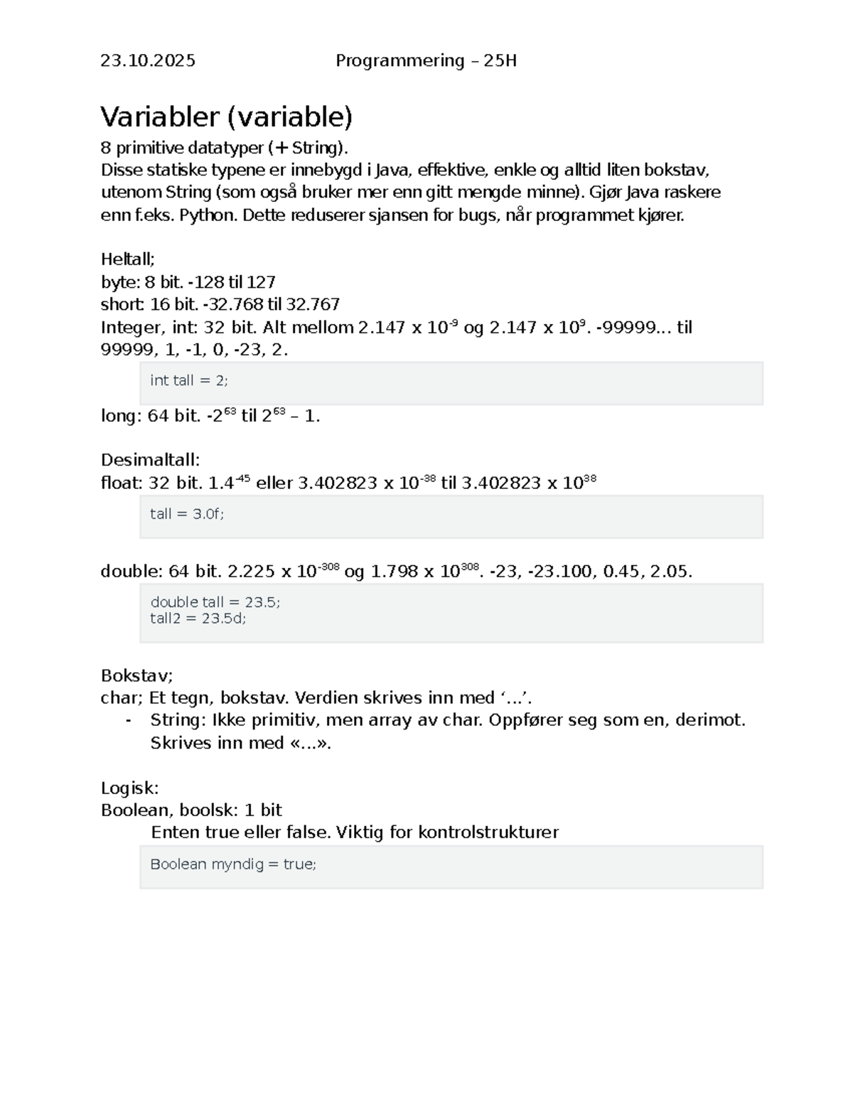Modul 2 - Variabler og Datatyper i Programmering 25H - Studocu