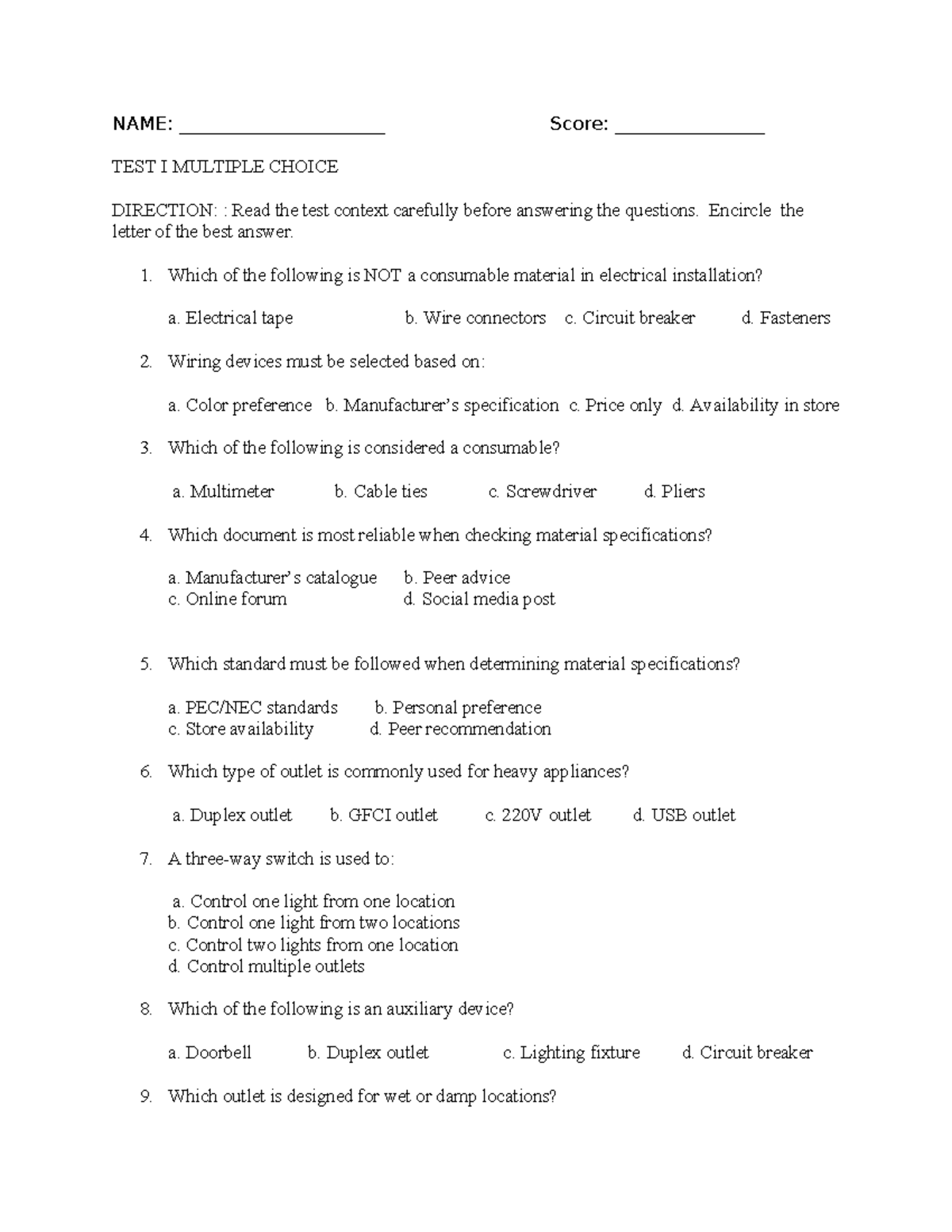 Written Exam - Electrical Installation Maintenance (TEST I) - Studocu