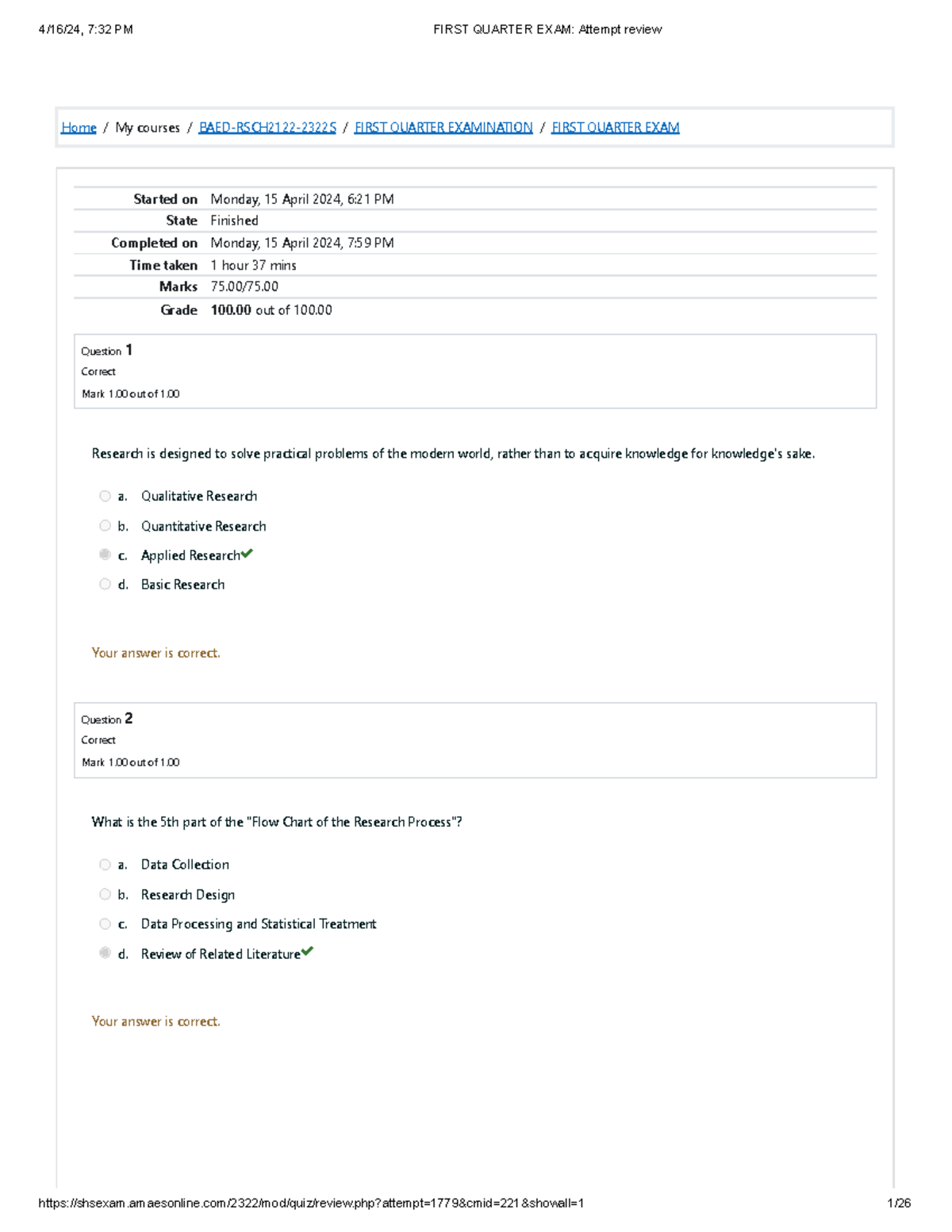 BAED-RSCH2122-2322S First Quarter Exam Attempt Review Summary - Studocu