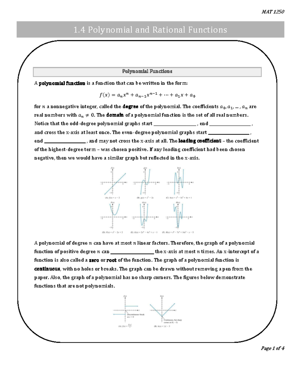 MAT 1250: Overview of Polynomial & Rational Functions - Studocu