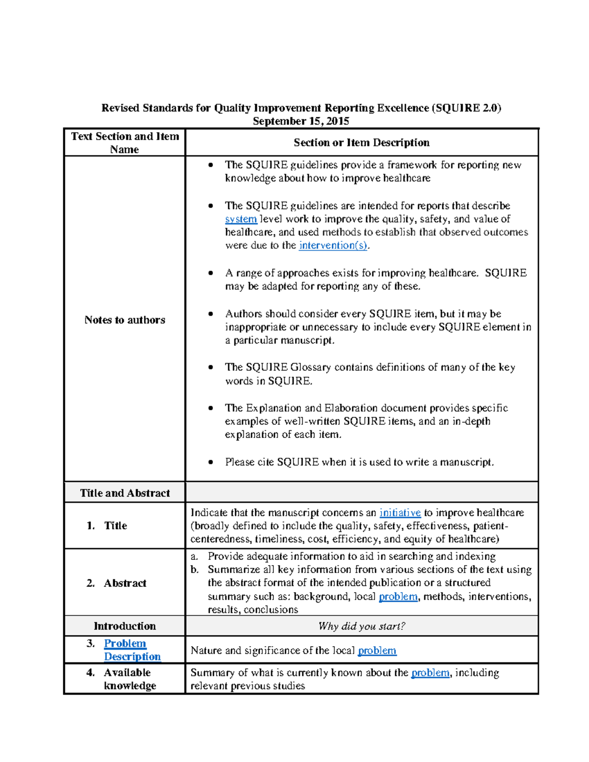 Revised SQUIRE 2.0 Guidelines for Quality Improvement Reporting ...