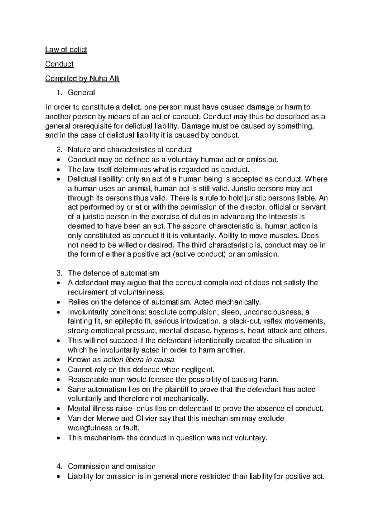 Law of Delict: Understanding Conduct and Delictual Liability - Studocu