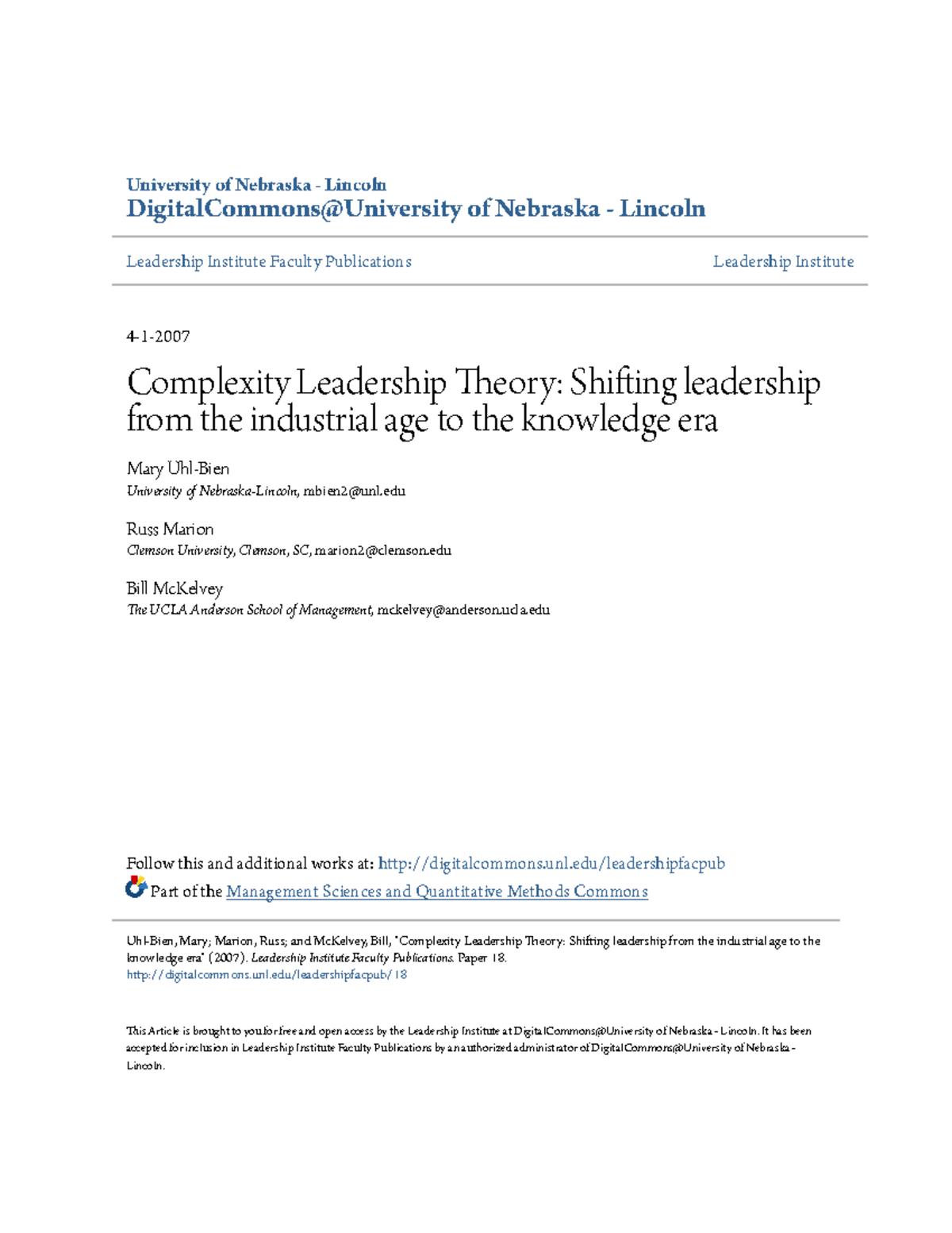 Complexity Leadership Theory: From Industrial Age to Knowledge Era ...