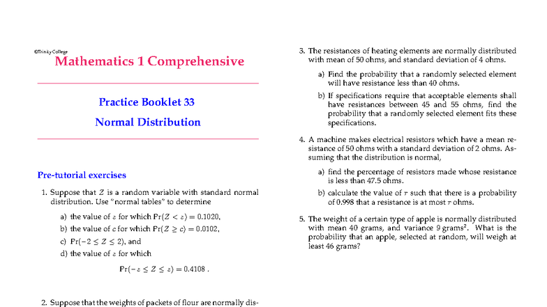 Normal Distribution Exercises - College Mathematics 1 Practice Booklet ...