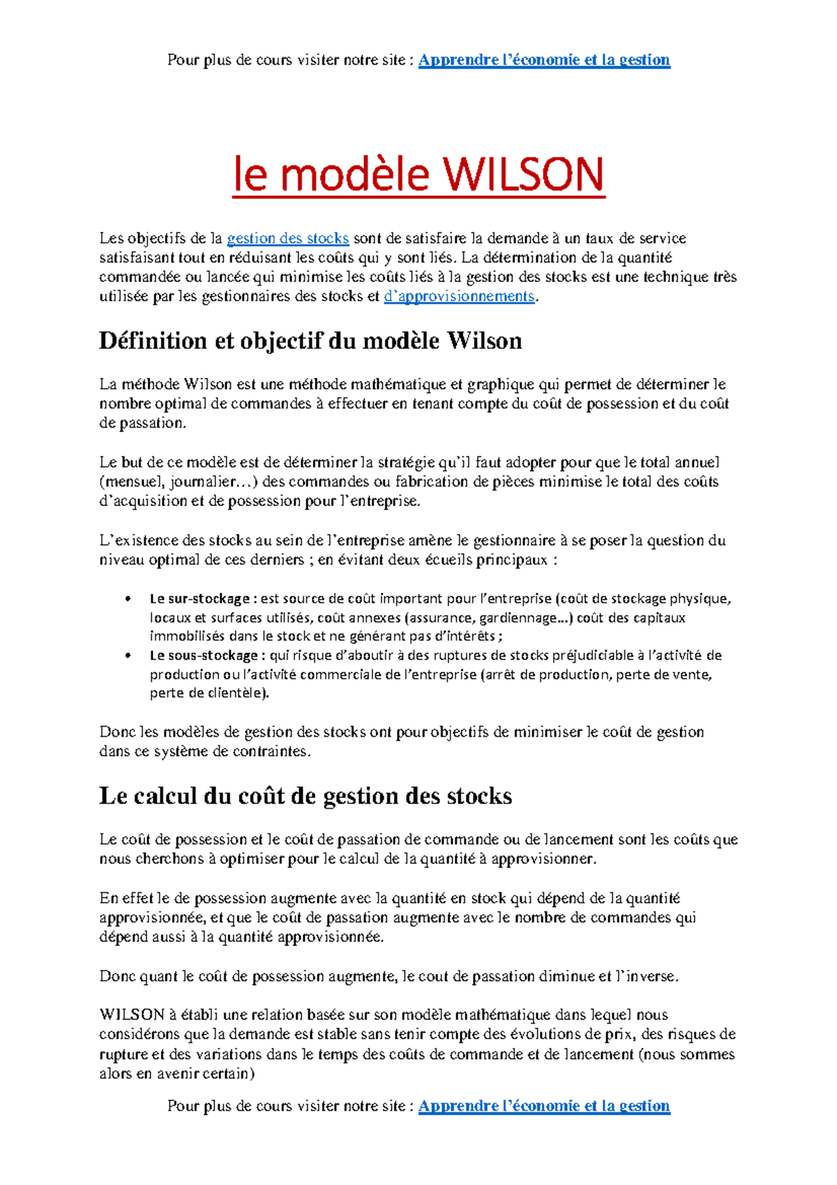 Modèle Wilson : Optimisation des Coûts de Gestion des Stocks - Studocu