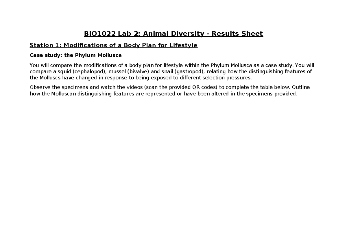BIO1022 Lab2 Animal Diversity Results Sheet - BIO1022 Lab 2: Animal ...