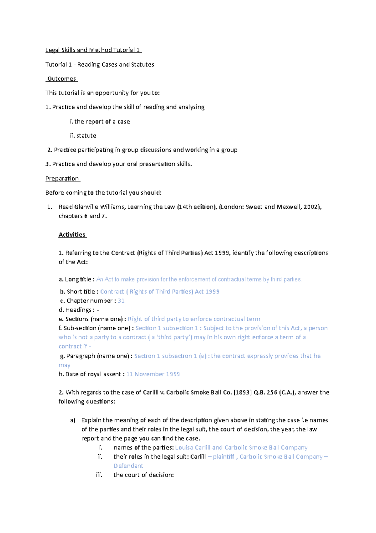 Legal Skills and Method Tutorial 1 - the report of a case ii. statute ...