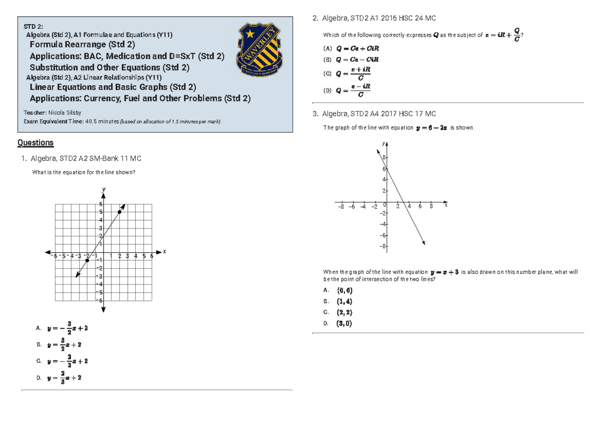 Algebra Practice Prelim 5, STD2 A1 2016-2018 HSC Questions - Studocu