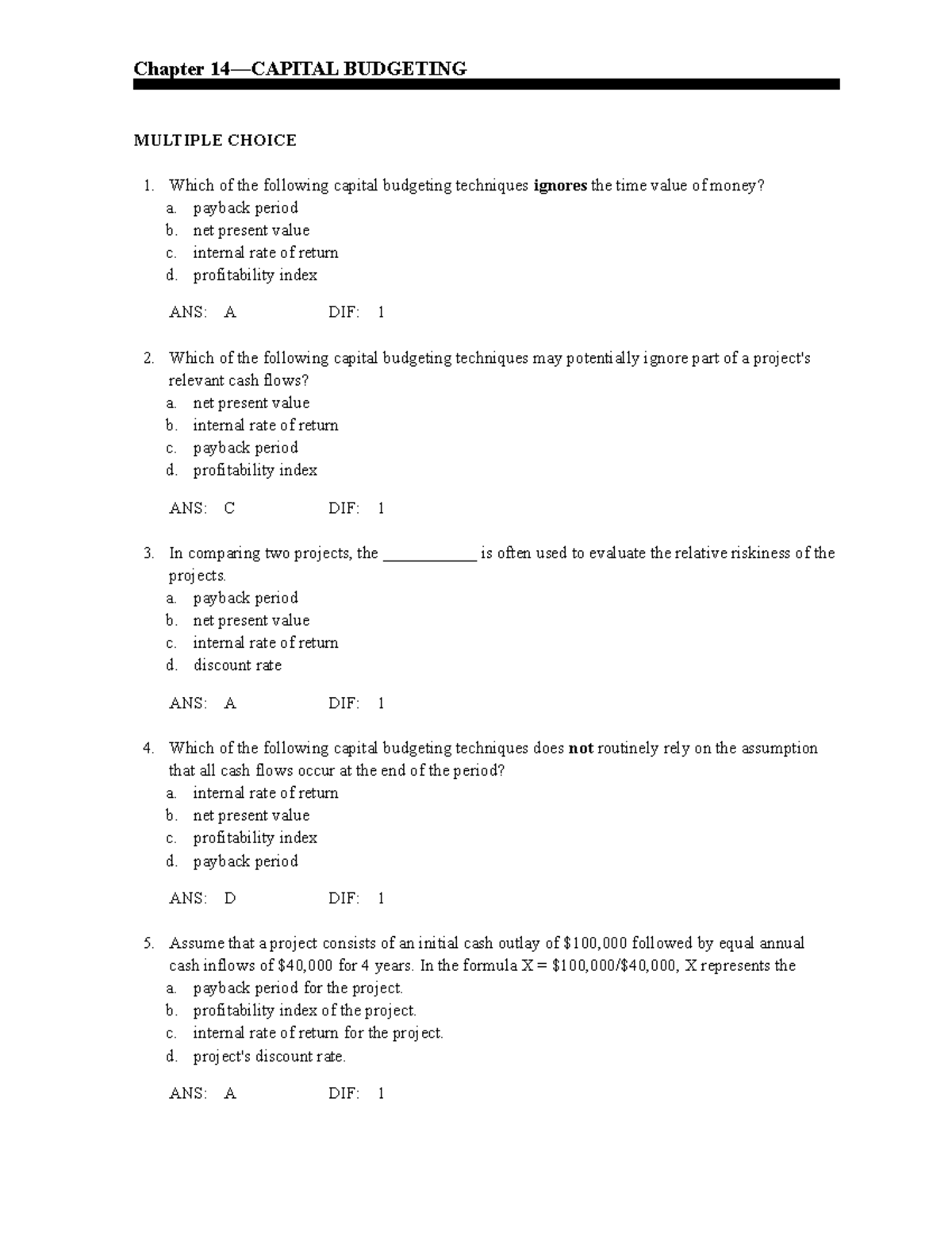 Capital Budgeting Techniques MCQs - Course Code: CAPB 3 - Studocu