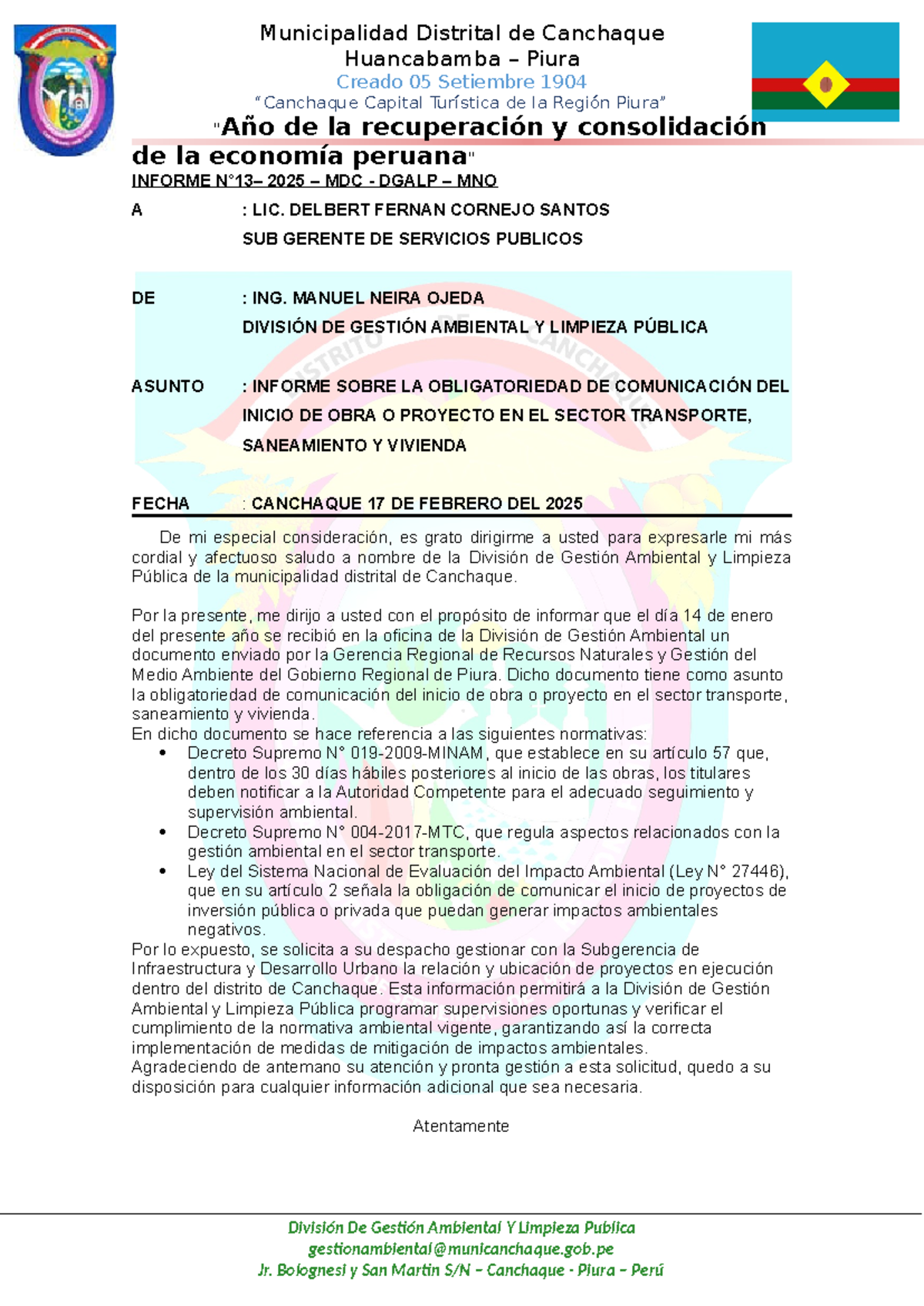 Informe N°13-2025 sobre Comunicación de Inicio de Obras en Huancabamba ...