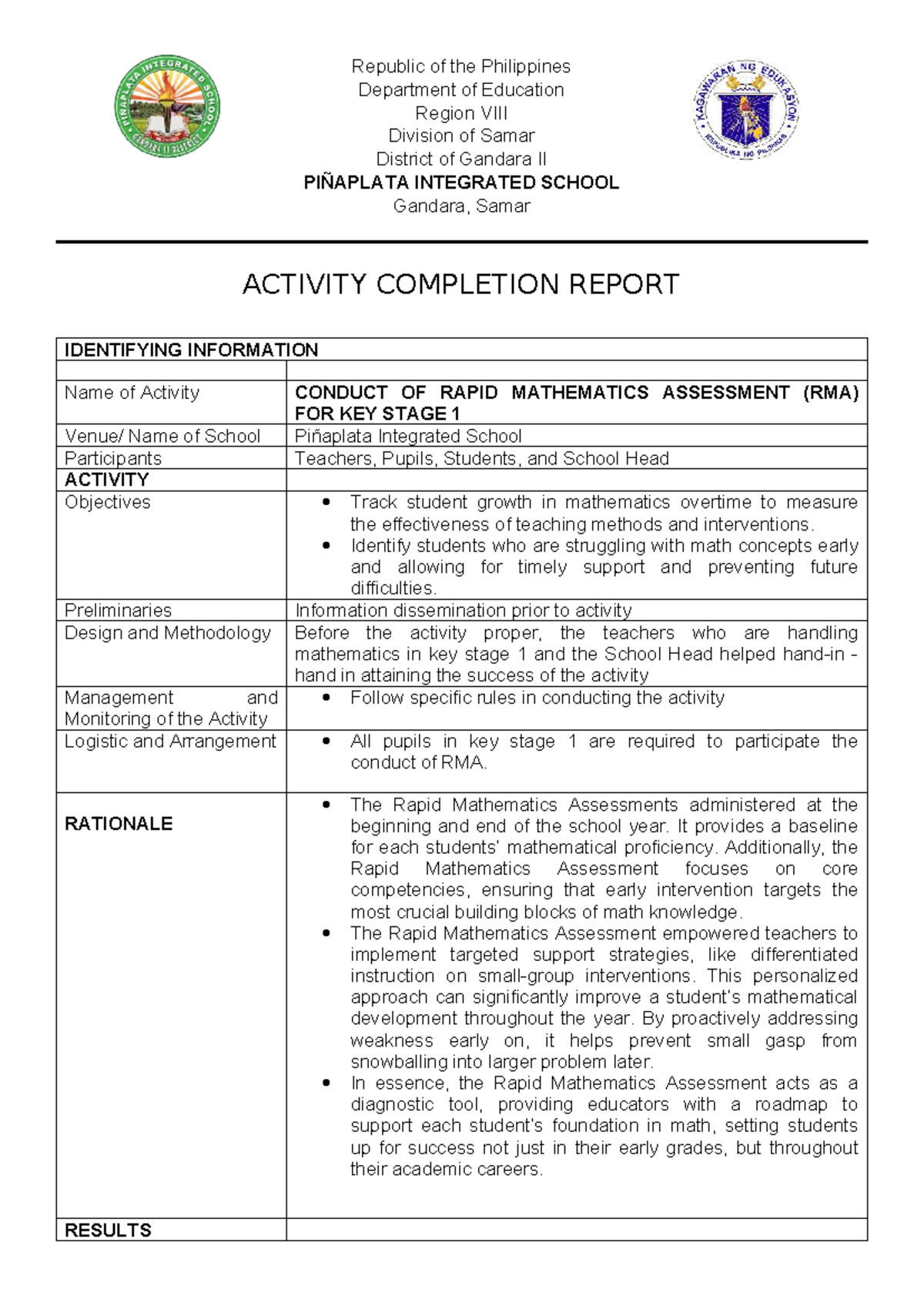 ACR-RMA: Accomplishment Report on Rapid Mathematics Assessment - Studocu