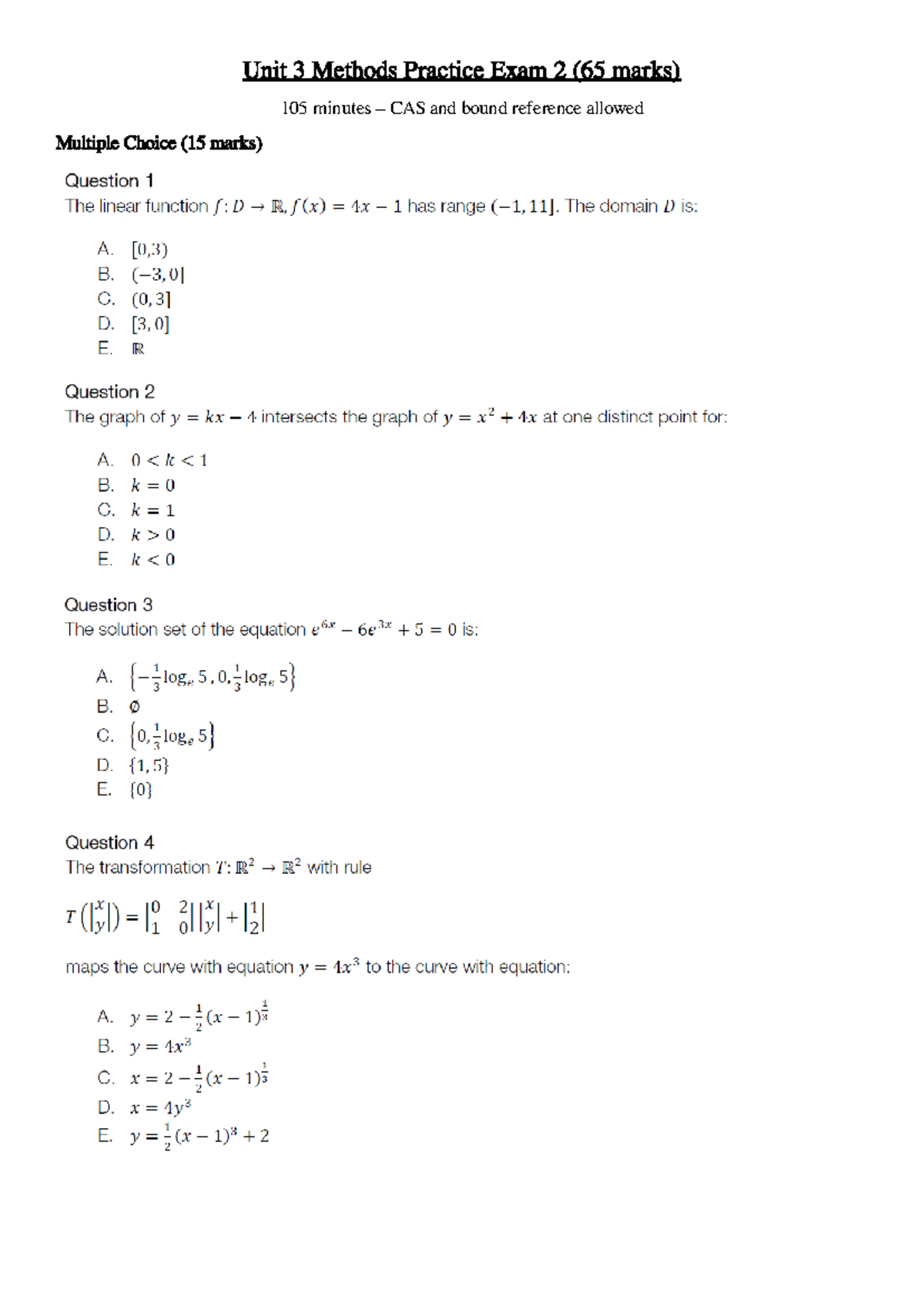 MM Practice Unit 3 Exam - Unit 3 Methods Practice Exam 2 (65 marks) 105 ...