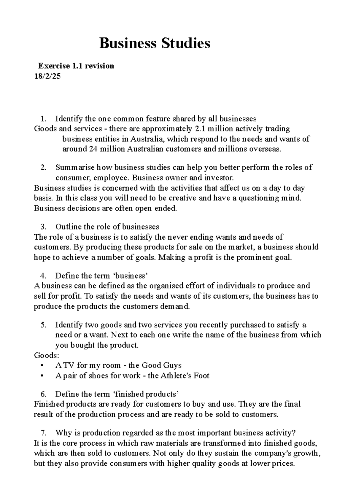 Business Studies Exercise 1.1 & 1.2 Revision Notes - Studocu