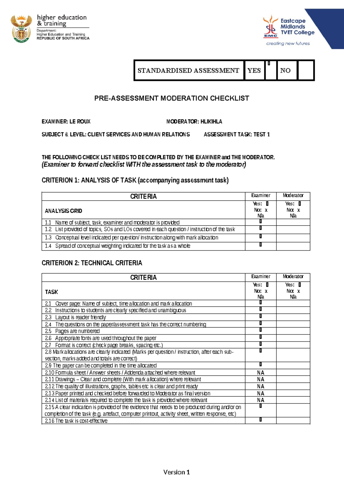 Pre-Moderation Checklist for Client Services Assessment Task: Test 1 ...