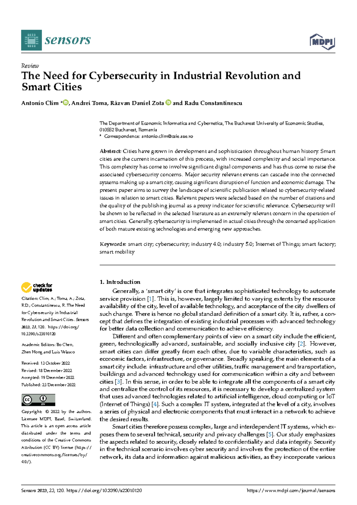 Sensors 2023: Cybersecurity Challenges in Smart Cities and Industry 4.0 ...