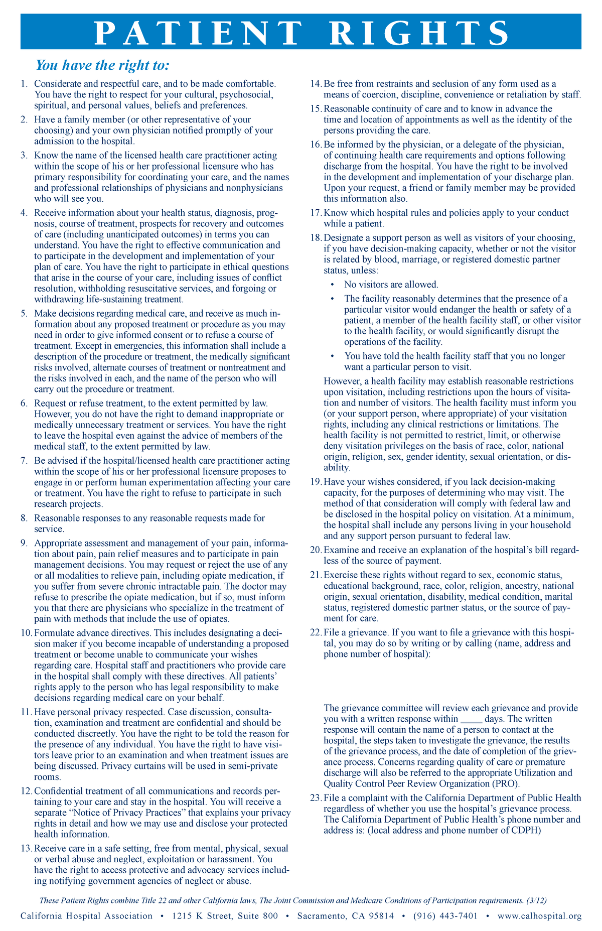 Patient Bill of Rights in California Hospitals (Patient Rights) - Studocu