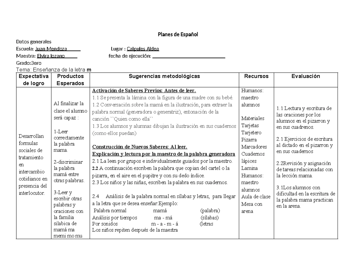 12.- Plan de Clase de Español - Metodología y Actividades - Studocu