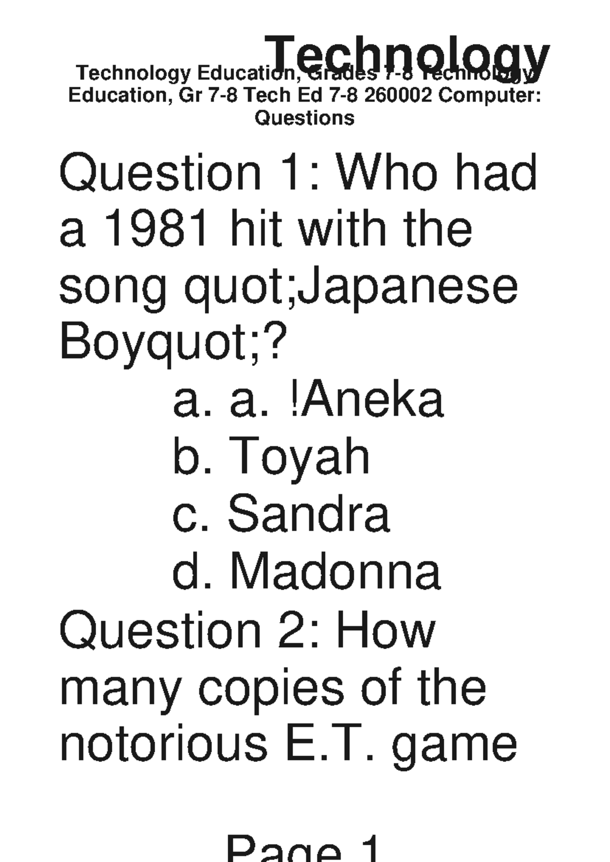 Tech Ed 260002 Gr 7-8 Quiz Questions and Answers Review - Studeersnel