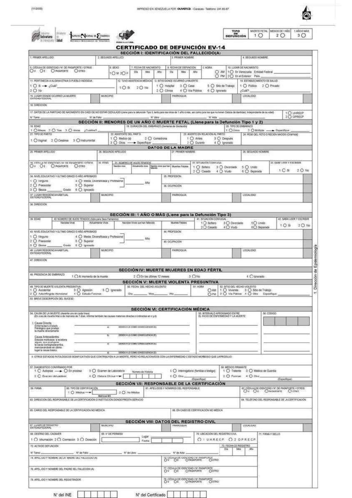 Certificado de Defunción y Datos de Muerte en Venezuela (EV-14) - Document Preview