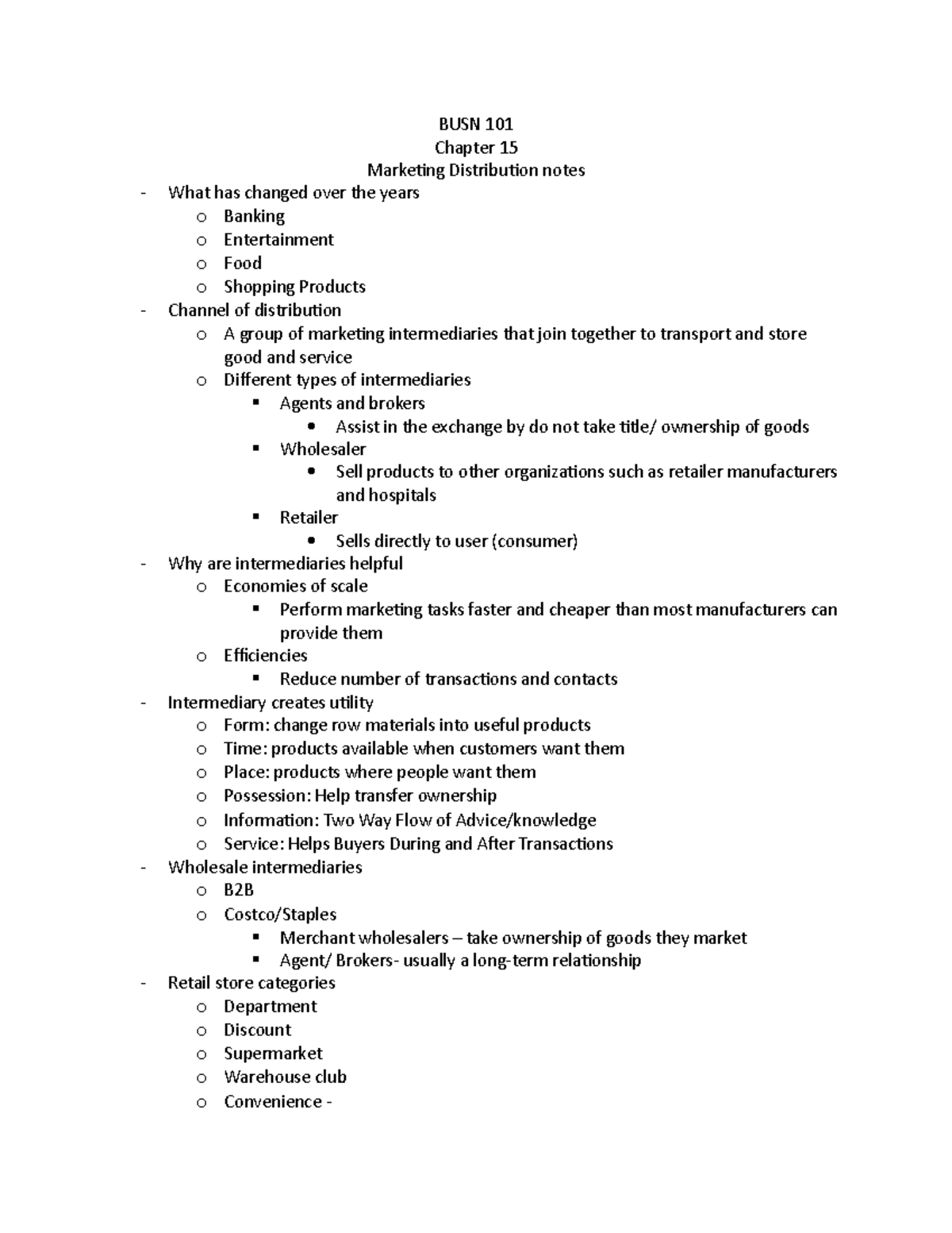 BUSN 101 - Chapter 15 Lecture Notes on Marketing Distribution - Studocu